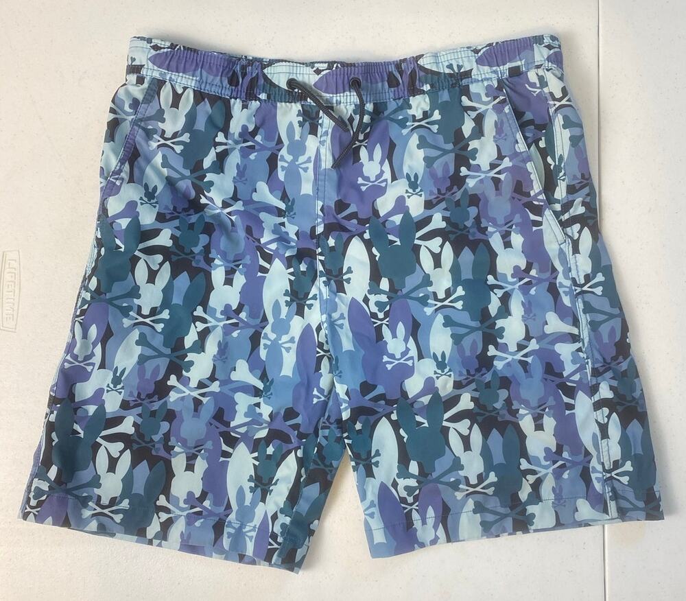 Psycho Bunny Boys Blue Graphic Logo Drawstring Swim Trunks Size 18/20